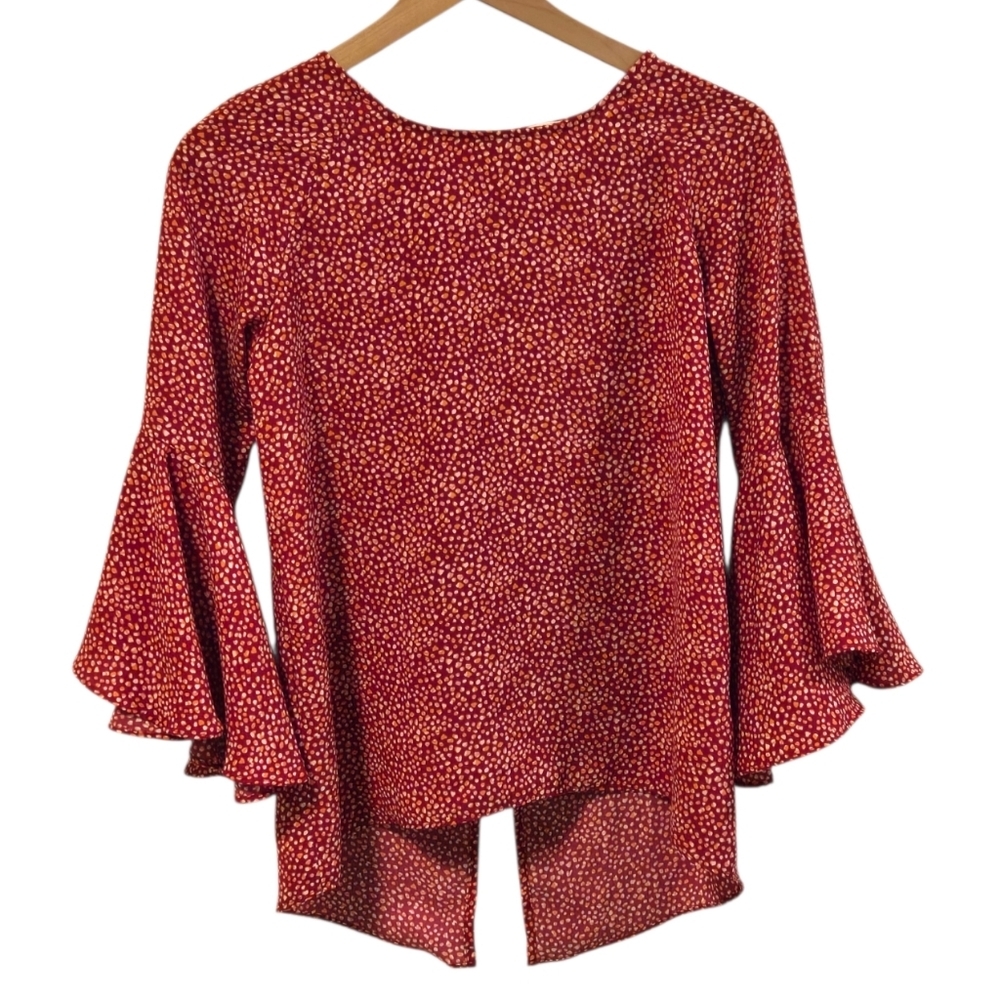 Lauren Conrad Red Pink White Spotted Bell Sleeve Drapey Blouse Size XS